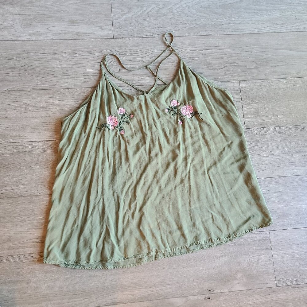 Green Tank with Flower Detail Plus Size 3X